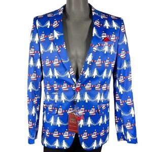 Christmas Holiday Blazer Jacket Men's Medium Santa Tree Blue Red Novelty Gag NEW